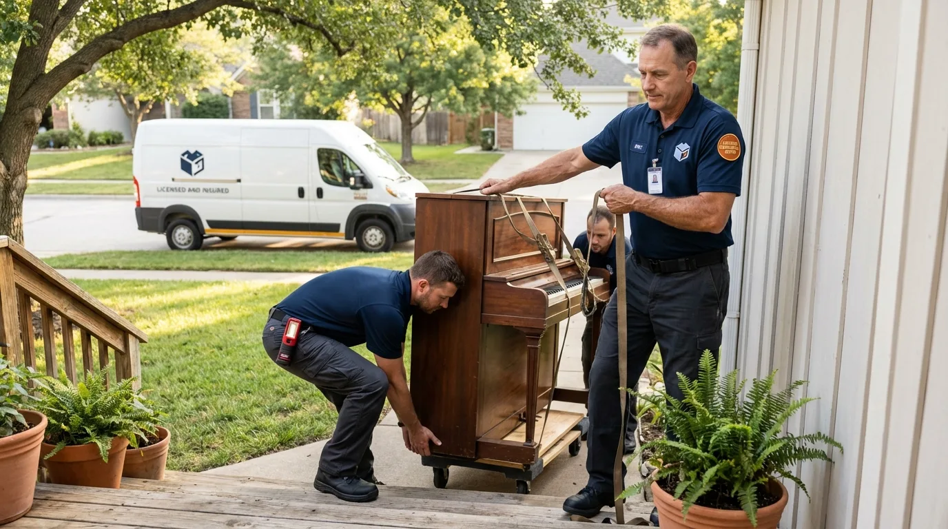 Licensed piano movers securing grand piano in Salisbury, MO