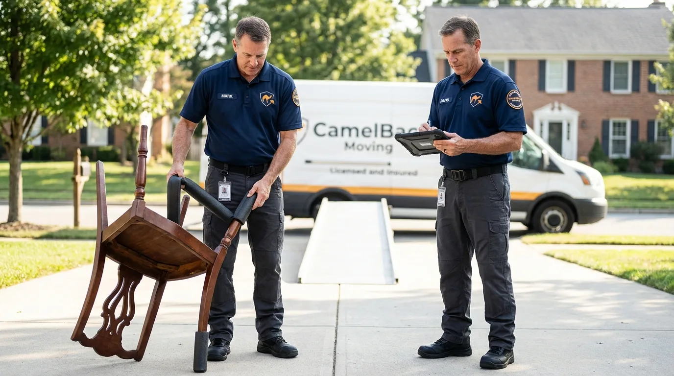 Movers inspecting furniture for damage prevention before loading in Salisbury, MO