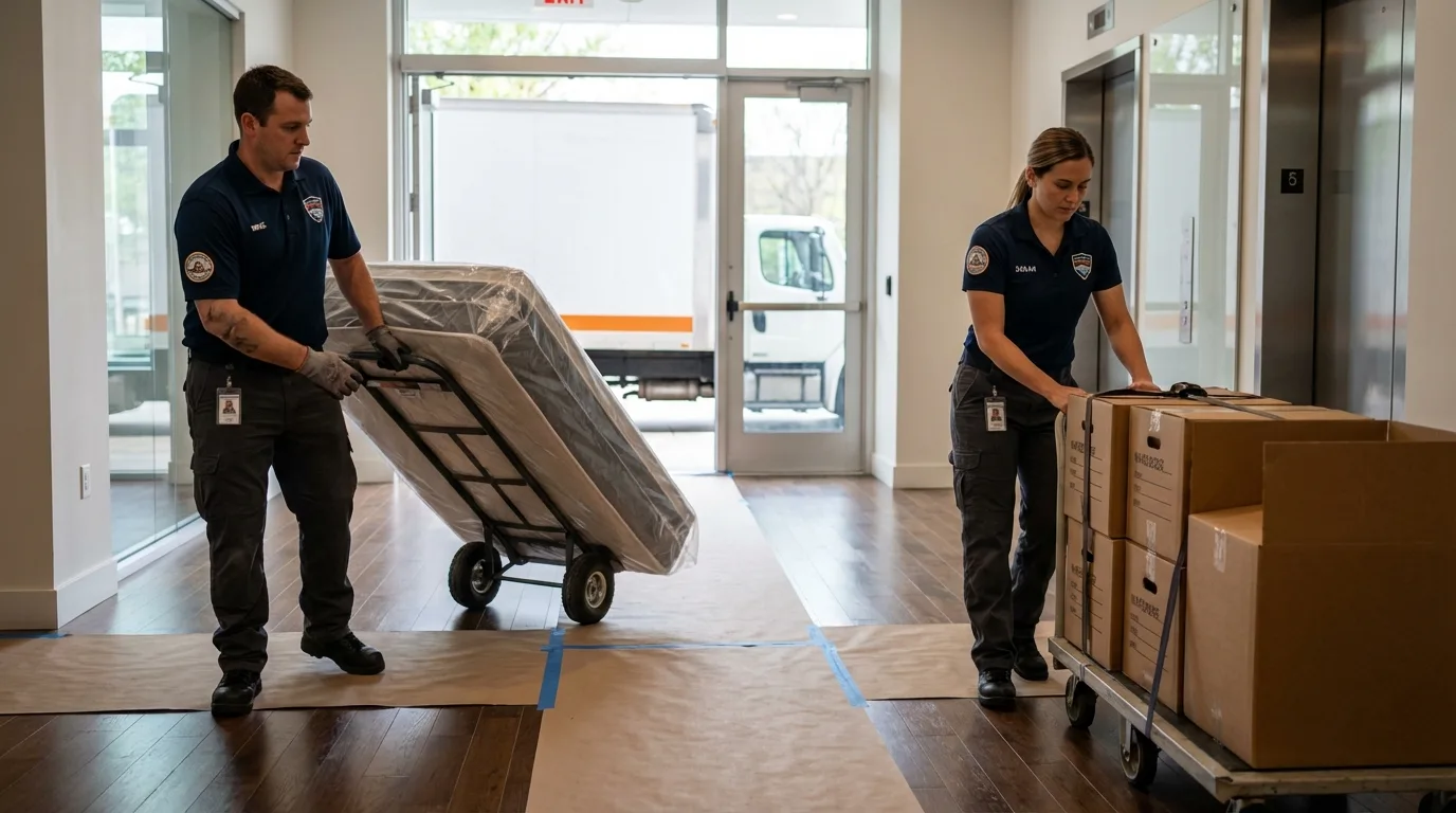 Professional apartment movers loading elevator in Salisbury, MO